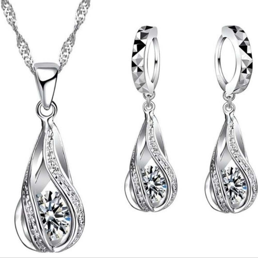 Sterling Silver Wedding Jewelry SetforWomen,SwirlingWaterDropp,Bridal,925STAMPED - Picture 2 of 7